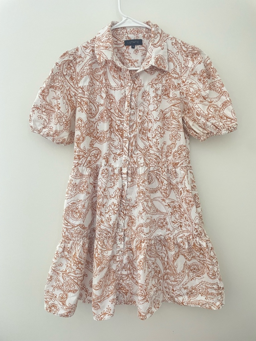 1. STATE Button-Front Paisley Dress in Rust Orange on White